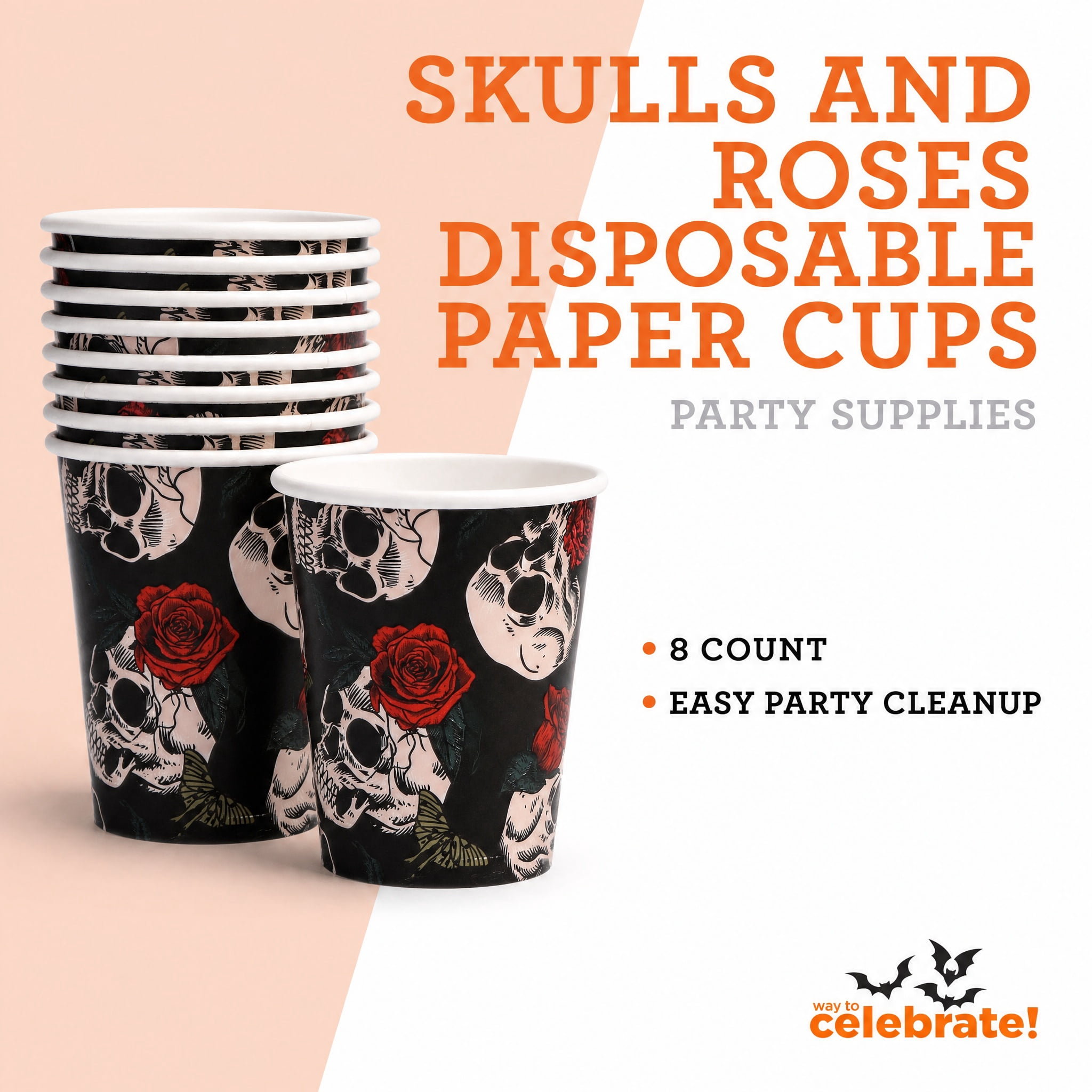 Skulls and Roses Disposable Paper Cups, Multicolor, 9 oz, 8 Count, Halloween by Way To Celebrate