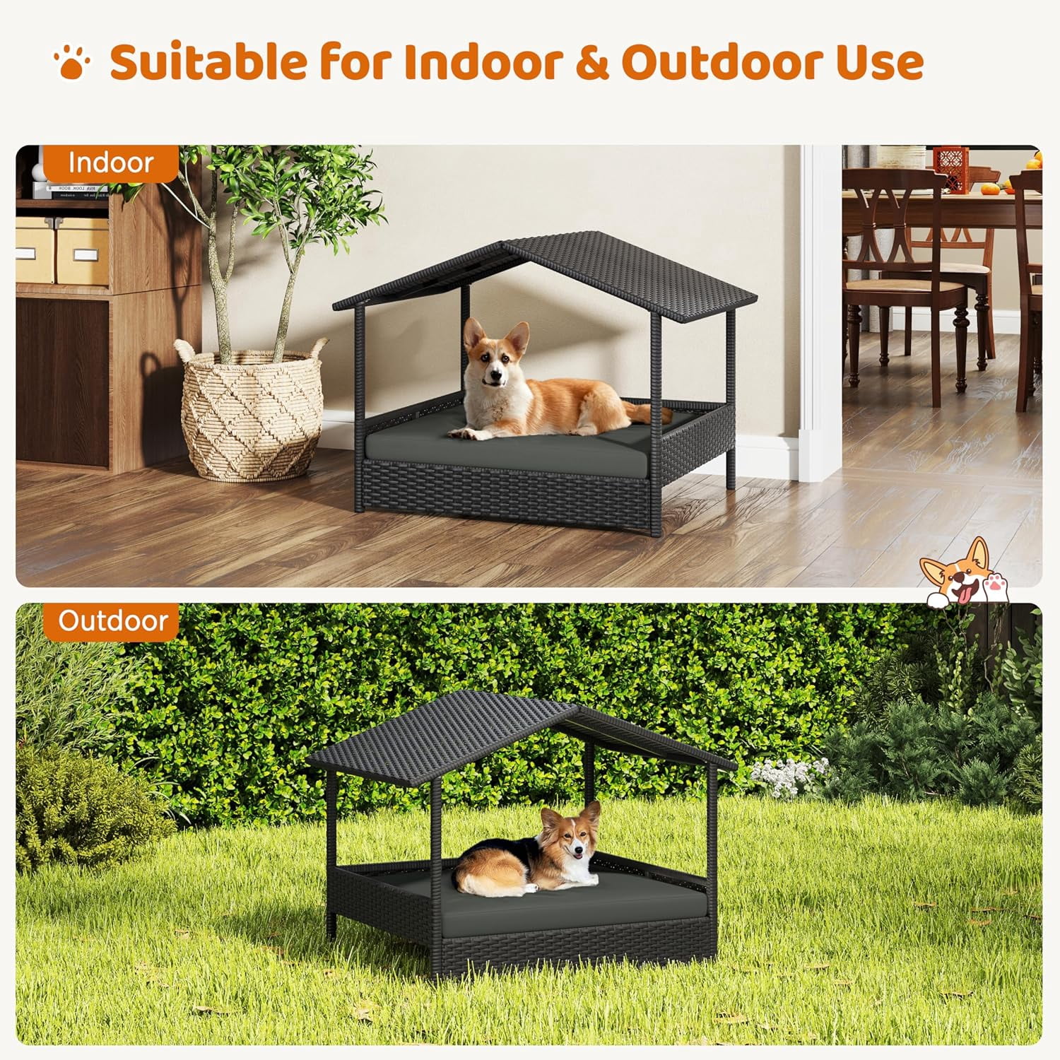 Wicker Dog House Outdoor Indoor with Canopy, Elevated Dog Shelter Dog Bed with Cushion for Small/Medium Dogs, Shade for Deck, Patio, Yard, Pool, Black House, Gray Cushion