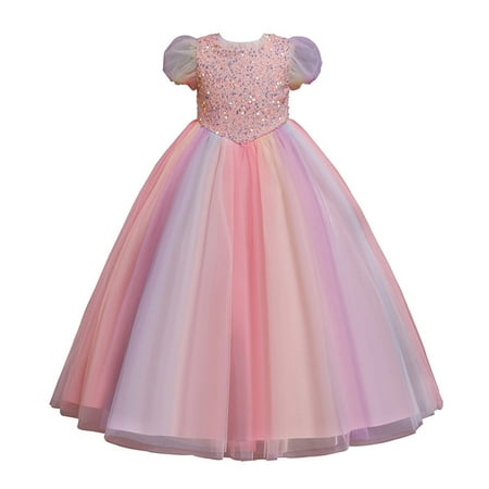 

safuny Girls s Party Gown Dress Clearance Solid Sequin Birthday Princess Ruffle Mesh Hem Vintage Puff Sleeve Princess Dress Lovely Comfy Fit Holiday Round Neck Multi-color 4-14Y