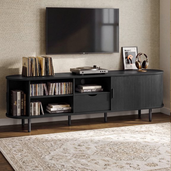 ROGALIS 69" TV Stand with Power Outlet for TVs up to 80", Mid-Century Modern Entertainment Center with Storage Cabinet, Drawer, Adjustable Shelves and Sliding Doors,For Living Room, Bedroom, Black
