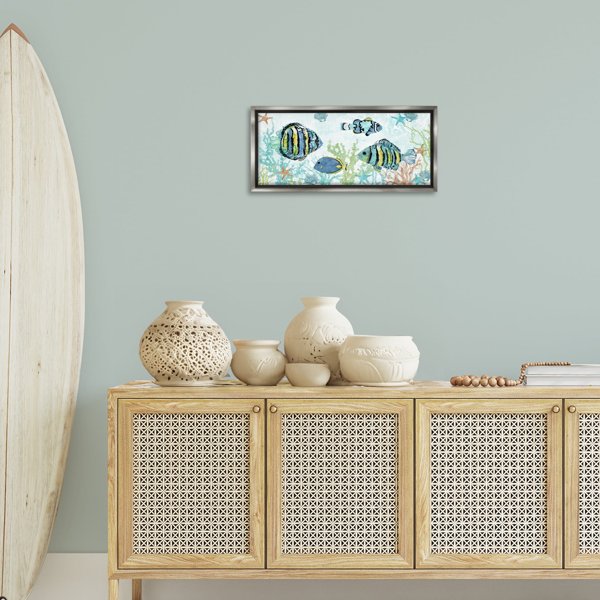 Stupell Industries Various Fish Underwater Animals Painting Gray Floater Framed Canvas Art Print Wall Art, 25 x 11