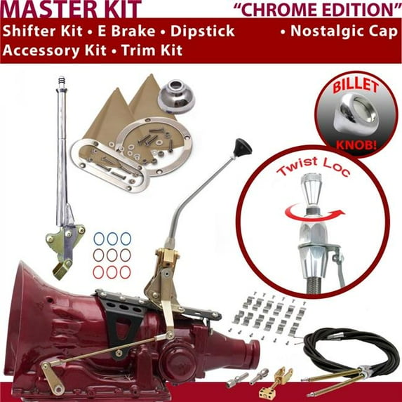 American Shifter AOD Shifter Kit Chrome 10 in. E Brake Cable Clamp Trim Kit Dipstick for EEFCC