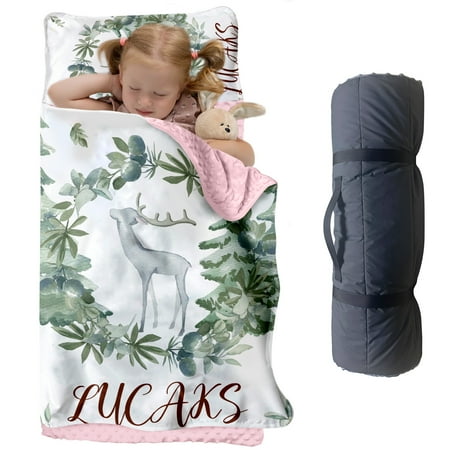 AOLOA Personalized Woodland Deer & Leaf Bean Velvet Nap Mat for Kids – Soft Toddler Sleeping Mat with Custom Name – Ideal for Daycare Preschool and Travel