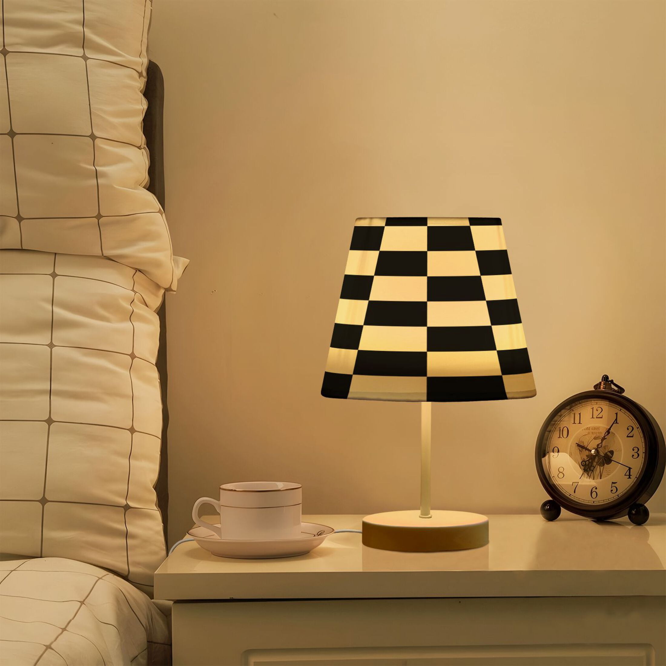 Ryvnso LED Bedside Table Lamp White and Black Checkered Grid Art Pattern Bedroom Desk Lamps Nightstand Lampshade M