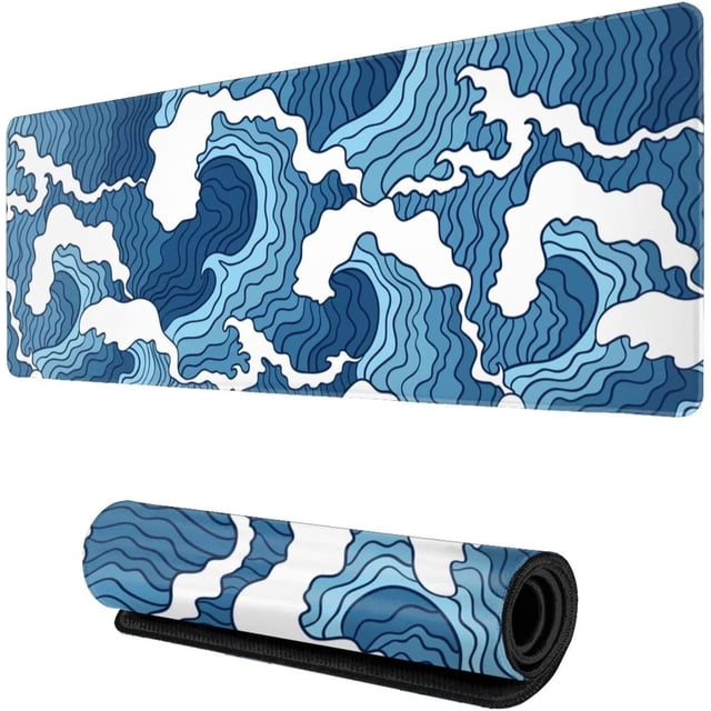 Japanese Blue and White Wave Gaming Mouse Pad XL, Extended Large Full Desk Mousepad 31.5 X 11.8 Inch, Big Mouse Pad with Stitched Edge, Non-Slip Long Computer Keyboard Mat for Office & Home