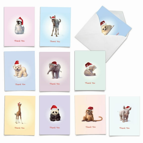10 Assorted Christmas Thank You Note Cards Pack - Christmas Zoo Babies