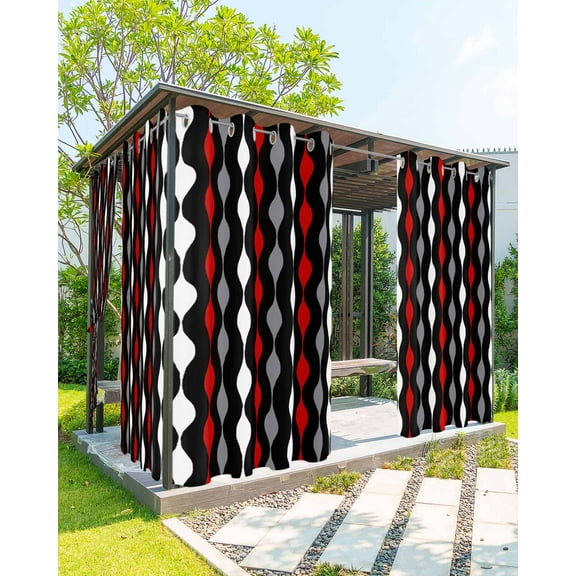 Outdoor Curtains for Patio Red Grey Black and White Geometric Striped Waterproof Privacy Outside Curtains with 2 Tiebacks Grommet Top Pergola Curtains for Porch Cabana Gazebo 1 Panel, 54x84 inch