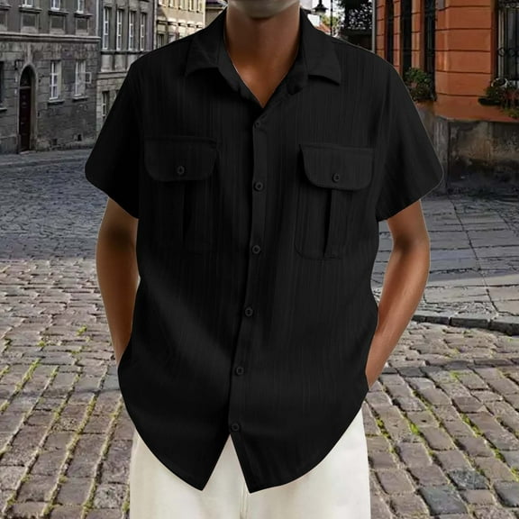 Xyxonk Shirts for Men's Button Down Solid Color Shirts Spring Summer Short Sleeve Collared Vacation T-Shirts with Pocket Black 2XL