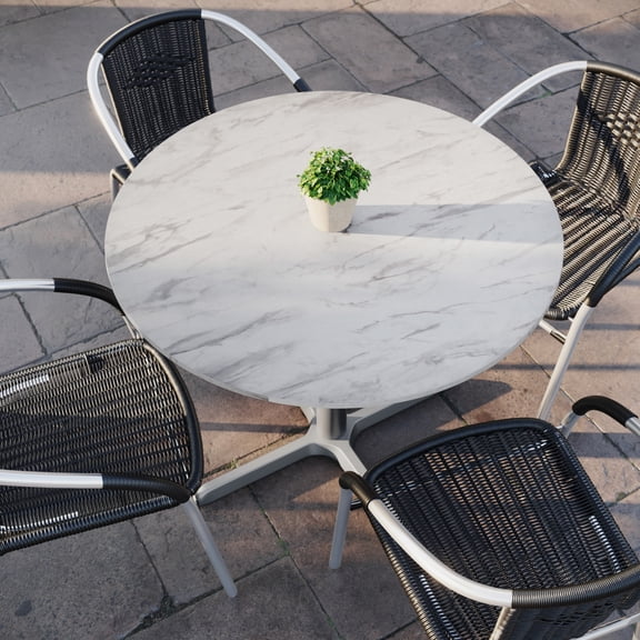 Flash Furniture 36" Round White Faux Marble Indoor Outdoor TopGuard HPL Wrapped Tabletop, Seamless Edge, Scratch & Stain Resistant, Commercial Grade