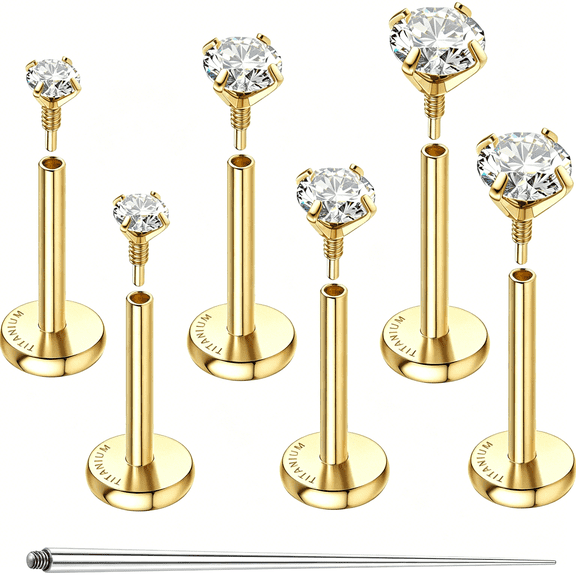 DESIGNICE Titanium Flat Back Earrings Hypoallergenic 14K Gold Filled Internal Thread Stud 16G 18G Cartilage Helix Tragus Conch Nose Lip Labret Piercing Jewelry for Women Men 3 Pairs