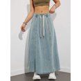 thumbnail image 5 of Plus Size Women's Elastic Waist Denim Maxi Skirt, Drawstring Loose A-line Casual Denim Midi Skirt, 5 of 5