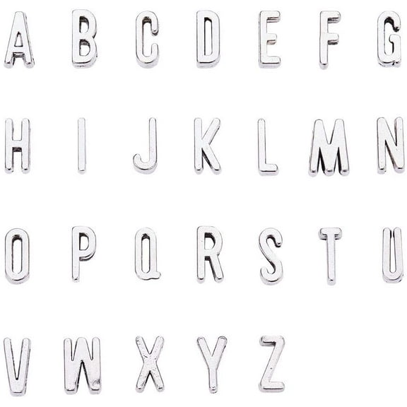 PH 130pcs Alphabet A-Z Slide Charms Tibetan Alloy Letters Slide Beads Charms for DIY Craft Flat Bracelet Wristbands Necklace Choker Jewelry Making Silver