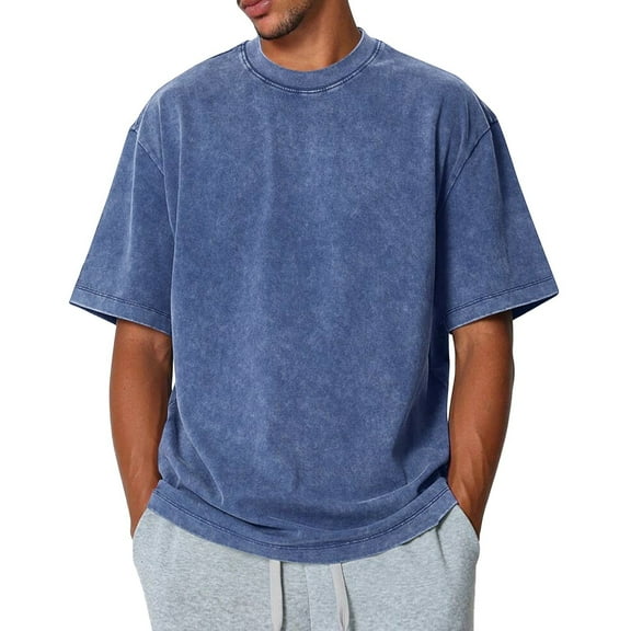 Zimjoy Blue Tees for Men Casual Washed Cotton T Shirts for Men Loose Fit Short Sleeve Oversized Tshirts for Men Crewneck Vintage Men's Clothing, Blue L