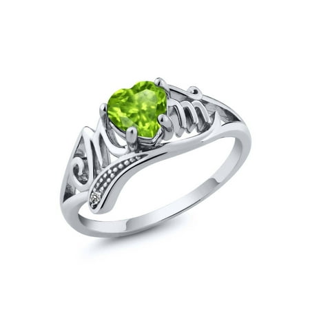 Sterling Silver Mop - 0.52 Ct Heart Shape Green Peridot White Diamond 925 Sterling Silver Mom Ring