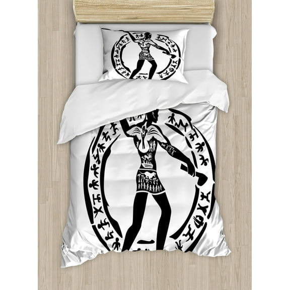 Hunting Duvet Cover Set Twin Size, Tribal African Person Figure with Lance Hunting Folklore Ethnic Symbols Circle, Decorative 2 Piece Bedding Set with 1 Pillow Sham, Black White, by Ambesonne