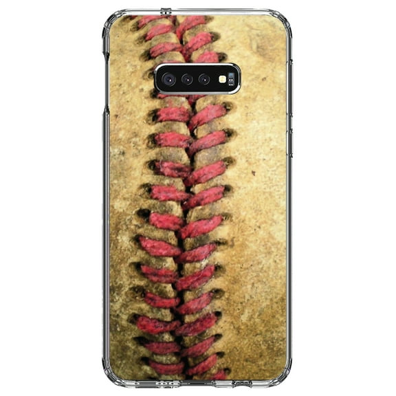 DistinctInk Clear Shockproof Hybrid Case for Samsung Galaxy S10e (5.8" Screen) - TPU Bumper, Acrylic Back, Tempered Glass Screen Protector - Old Baseball Stitch - Baseball