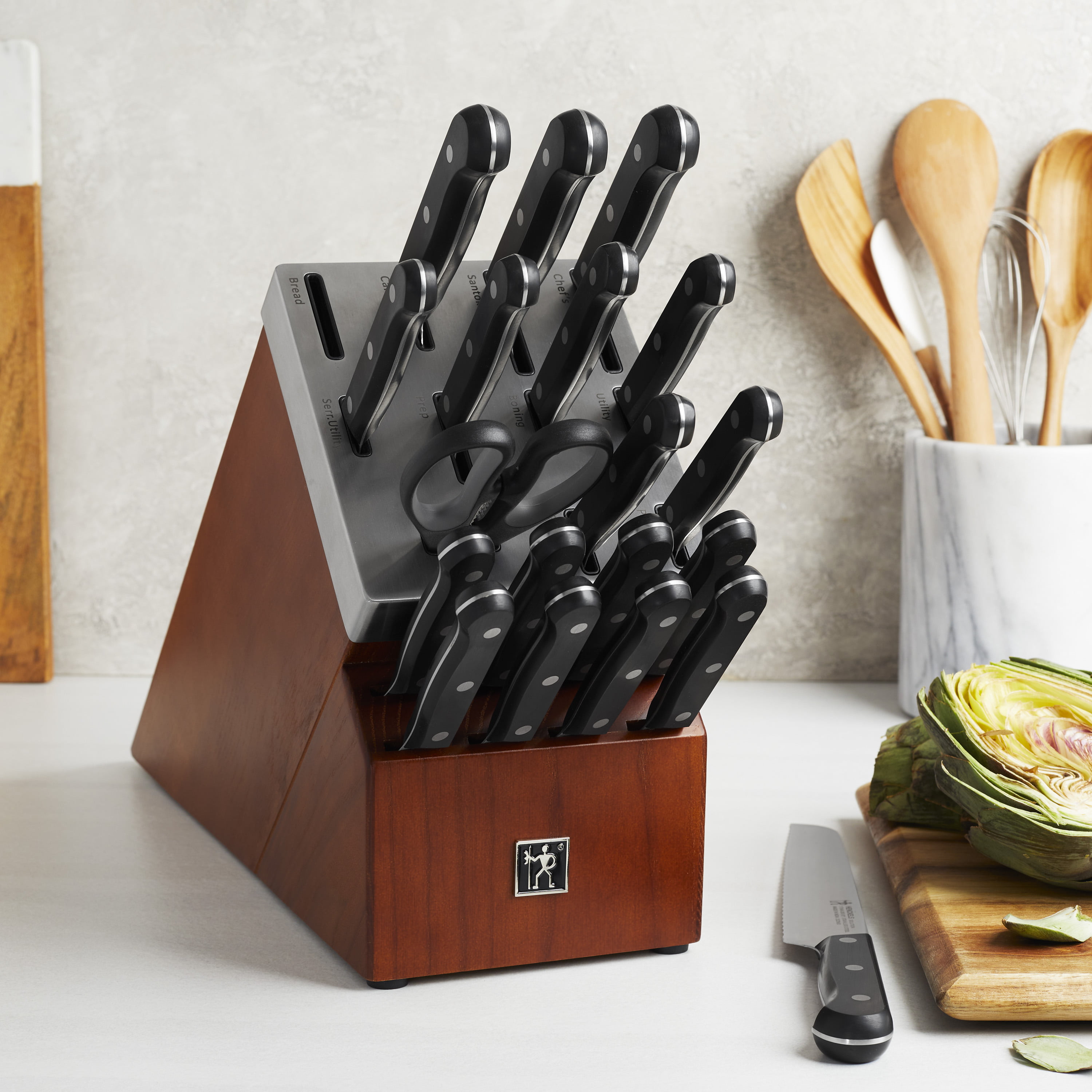  Henckels Forged Modernist 20 Piece Self Sharpening Knife Set  with Stainless Steel Handles & Black Knife Block: Home & Kitchen