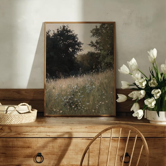 Antique Meadow Landscape Print | Countryside Field Art | Rustic Wildflower Wall Decor | Vintage Farmhouse Nature Scene, 16x24 UNFRAMED