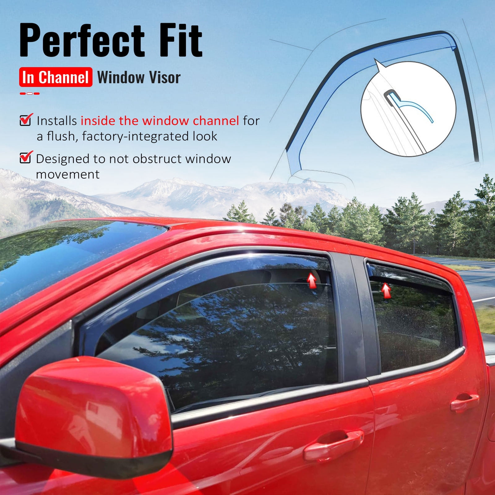 Ikon Motorsports In-Channel Window Visors Sun Shades Vent Rain Guards Deflectors for 2015-2022 Chevy Colorado & GMC Canyon Crew Cab Smoke/Tinted 4PCS