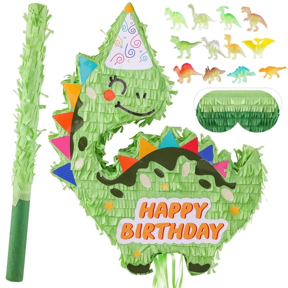 Dinosaur Piñata with Piñata Stick Blindfold Bat Confetti,Dino Piñata Birthday Decorations for Boys Girls Birthday Party,Animal Themed Party Game Activity Decor(16.5x13x3.15in)