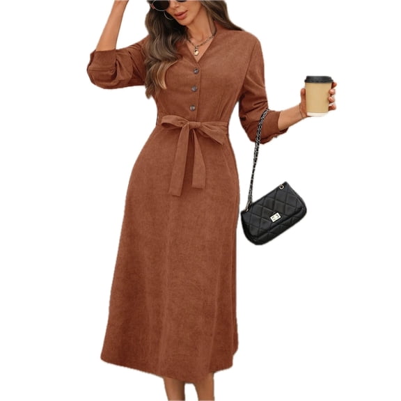 Women's Long Sleeve Button Front Belted Midi Dress 95% Polyester 5% Elastane for Elegant Everyday Wear For Daily Use