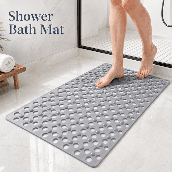 MORAVE Grey Non Slip Bathtub and Shower Mat, 31x17 Inch Soft Comfortable Bathroom Mat with Quick Dry Drain Holes and Suction Cups, Safe Bath Mat for Tub, Floor and Tile Use