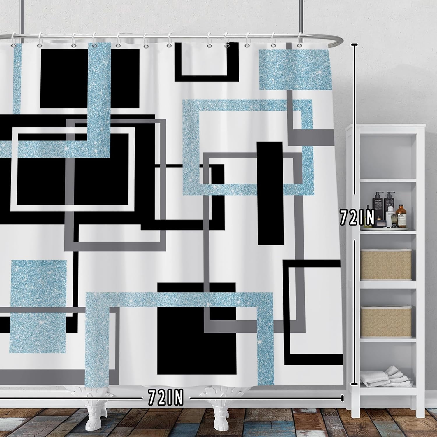 Modern Geometric Shower Curtain Sets Black White Blue Shower Curtain for Bathroom Geometry Squares Abstract Minimalism Bath Curtain Waterproof Durable Shower Curtain with Hooks 72x72 Inches