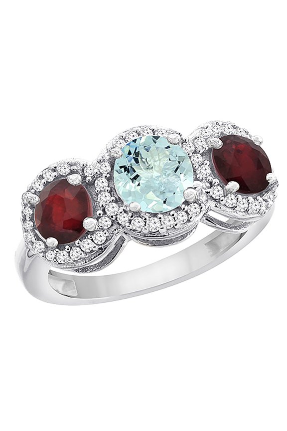10K White Gold Natural Aquamarine & Enhanced Ruby Sides Round 3-stone Ring Diamond Accents, size 9
