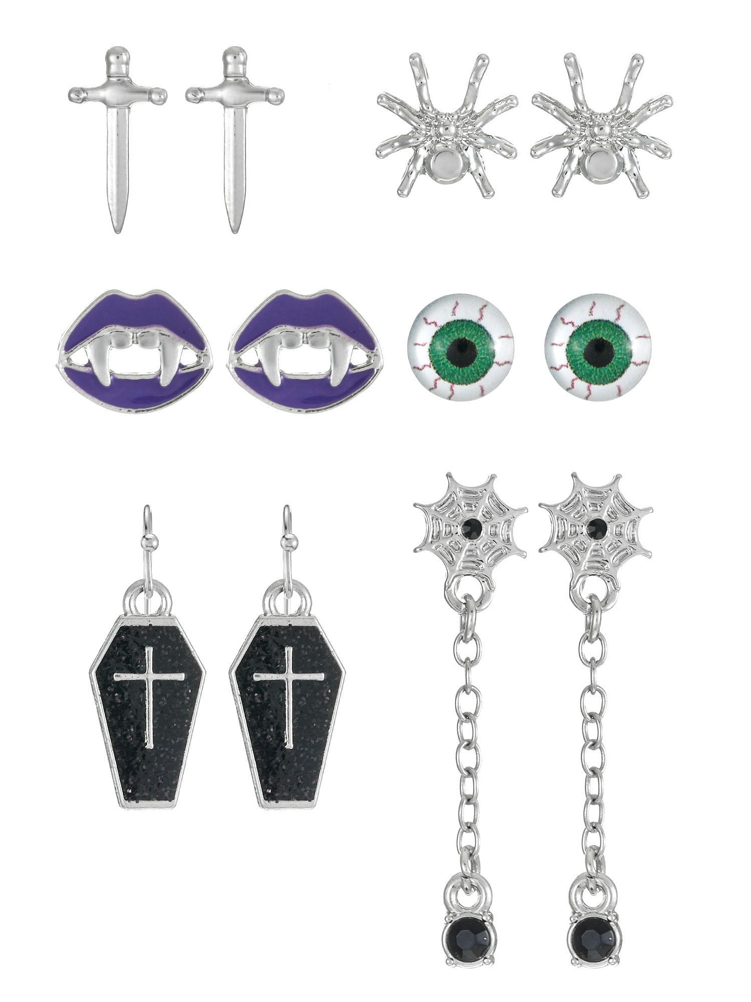 Way to Celebrate Haunted Icons Halloween Silver Earring Set, 6 Pairs