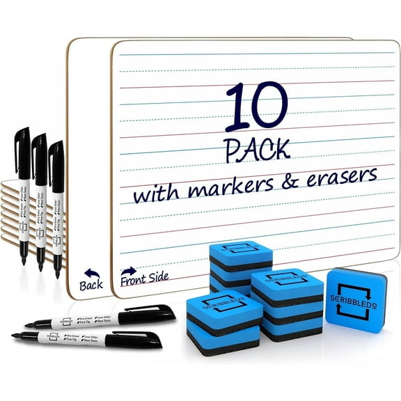 Scribbledo Lined Dry Erase Boards Double-Sided  with Whiteboard Markers and Erasers, 9” x 12”, 10-Pack