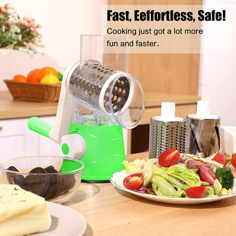 Ktinnead Cheese Grater Rotary, 3 in 1 Cheese Grater with Handle, Food  Shredder with Strong Suction Base, Stainless Steel Cheese Slicer Rotary  Grater for Kitchen Cheese, Vegetables, Nuts(Green) 