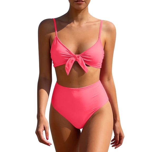 RYRJJ Womens High Waisted Bikini Set Tie Knot Tummy Control Two Piece Swimsuits Adjustable Strap Bathing Suits(Watermelon Red,XL)