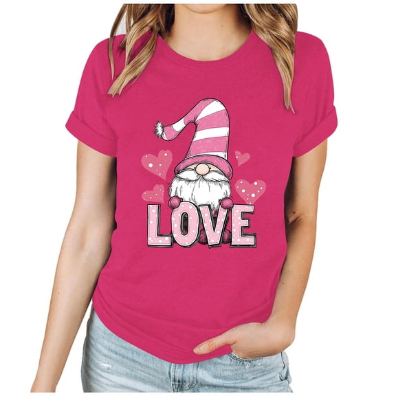 Ecqkame Valentine Day Shirts for Women Cute Romantic Lover Heart Tee Shirt Round Neck Short Sleeve Casual Tops Hot Pink XXXL