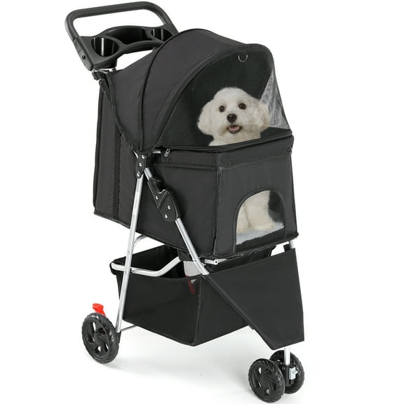 ZUNMOS 3-Wheel Dog Stroller,  Pet Stroller for Small and Medium Cats and Dogs with Cup Holder and Storage Basket, Black