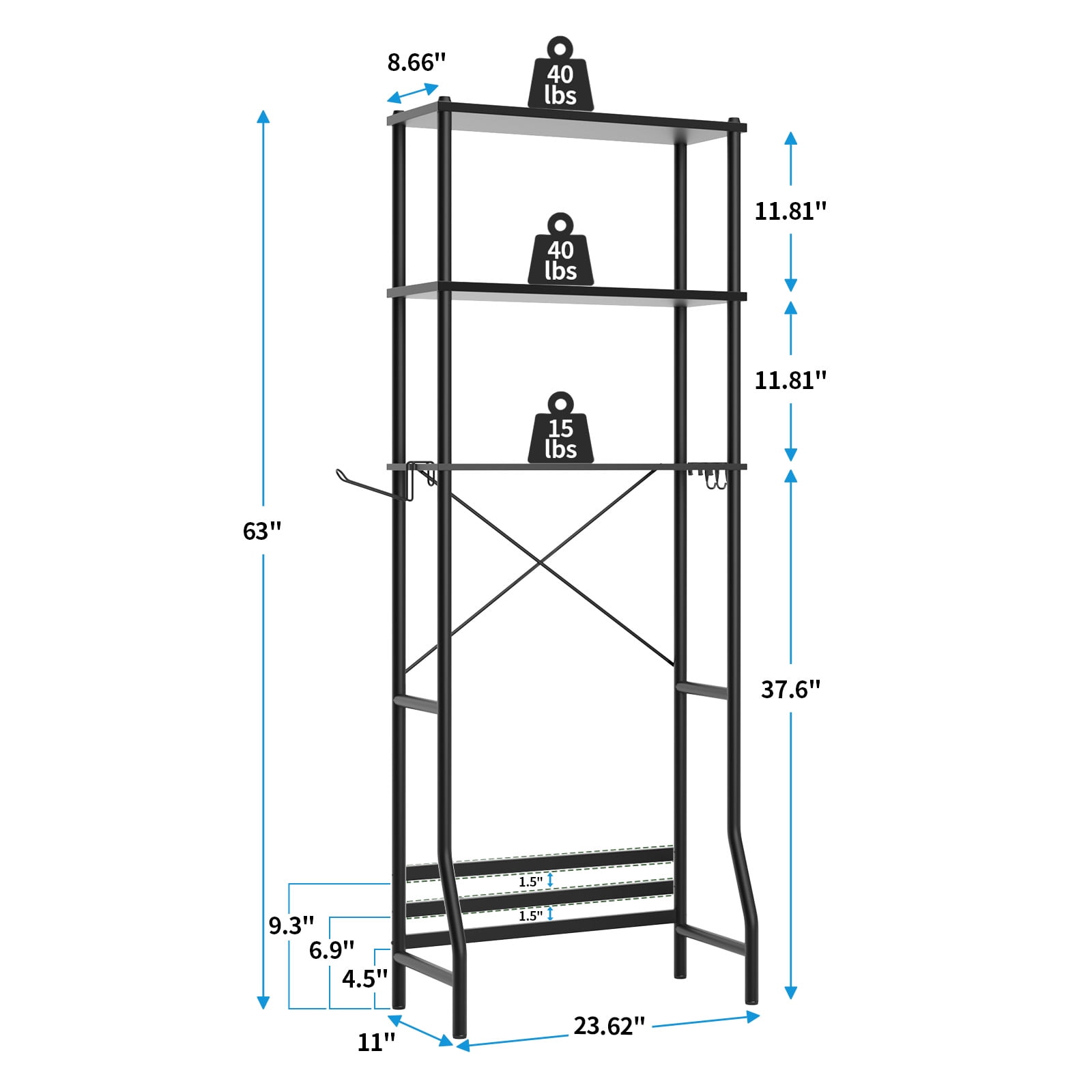 Capri 3-Shelf Over the Toilet Storage, Freestanding Wooden Bathroom Organizers and Storage Shelf, Metal Frame, Space Saver, Black