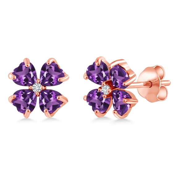 Gem Stone King 18K Rose Gold Plated Silver Purple Amethyst and White Lab Grown Diamond Earrings for Women | 2.03 Cttw | Gemstone February Birthstone | Heart Shape 4MM