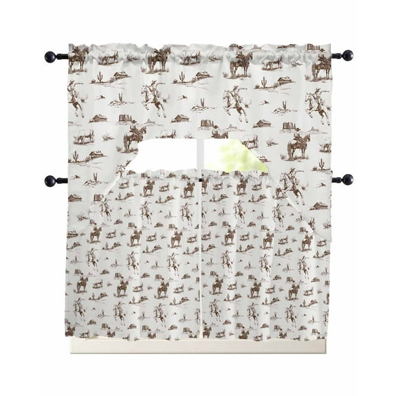 Brown Western Cowboy Kitchen Curtains Sets 24 Inch Length with Valance, Farmhouse Vintage Ethnic Art Swag Valances and Tiers Curtain Set Drapes Swag Curtains for Living Room, Bathroom, Bedroom, Cafe