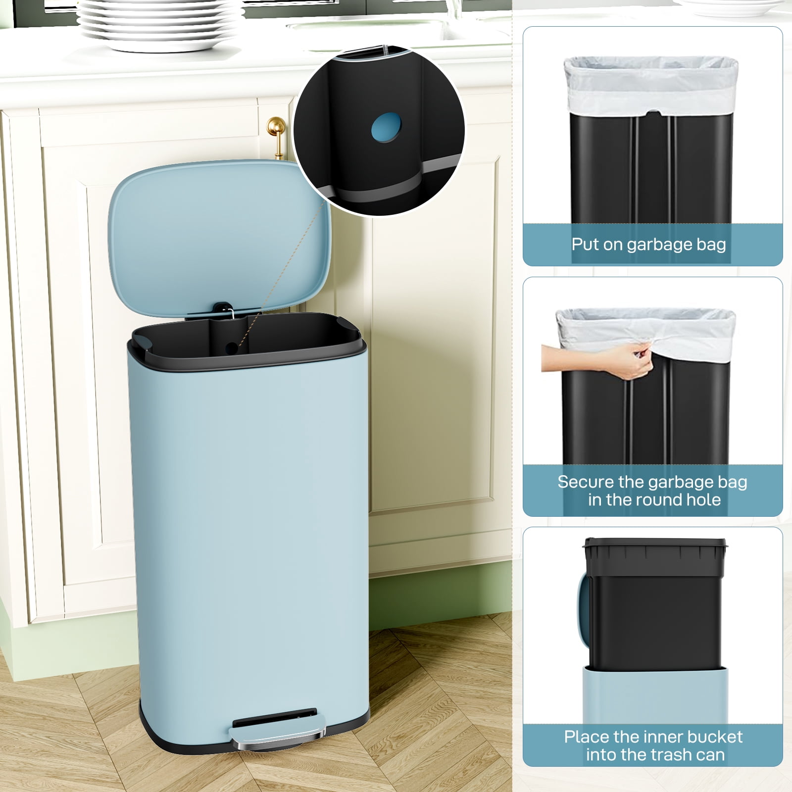 Arlopu 8 Gallon Step Pedal Trash Can, Stainless Steel, Hands-free Soft Close lid Garbage bin