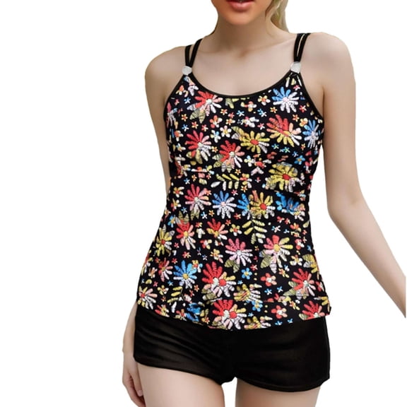 qelini Tankini Bathing Suits for Women Plus Size Crew Neck Swimsuits Hawaiian Print Swimwear for Summmer Vocation