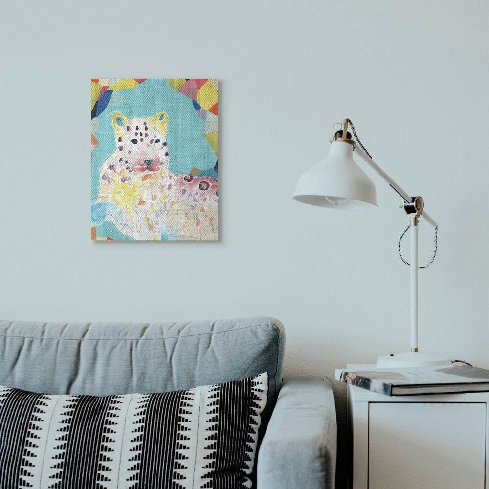 Stupell Industries Colorful Abstract Leopard Large Cat Animal Rainbow Blue Drawing Super Canvas Wall Art by June Erica Vess