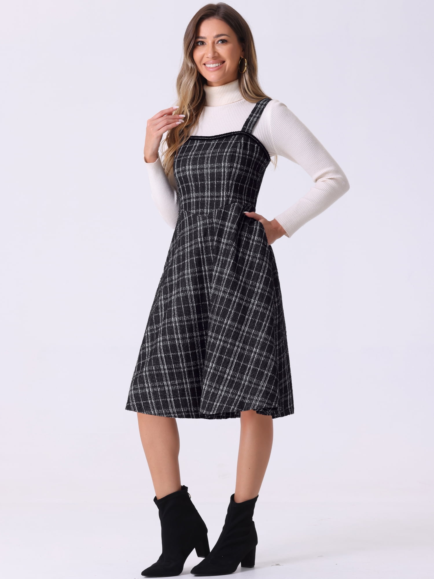 DARING DIVA Women's Sleeveless Square Neck Plaid A Line Pinafore Dresses XS Black