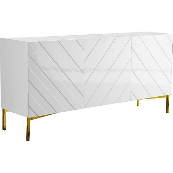 Pemberly Row 64" Transitional High Gloss Lacquer Wood Buffet Console Sideboard in White/Gold Plated