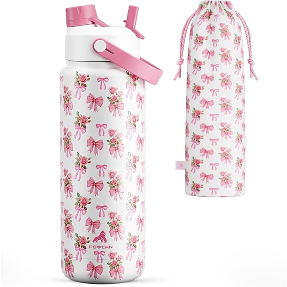 POWCAN 32 oz Insulated Stainless Steel Water Bottle, 2-in-1 Straw & Spout Lid, Leakproof, Keep Cold 24H, BPA Free, Reusable, Perfect for Sports, Gym, Travel, School, Gift (Rosy Bouquet)
