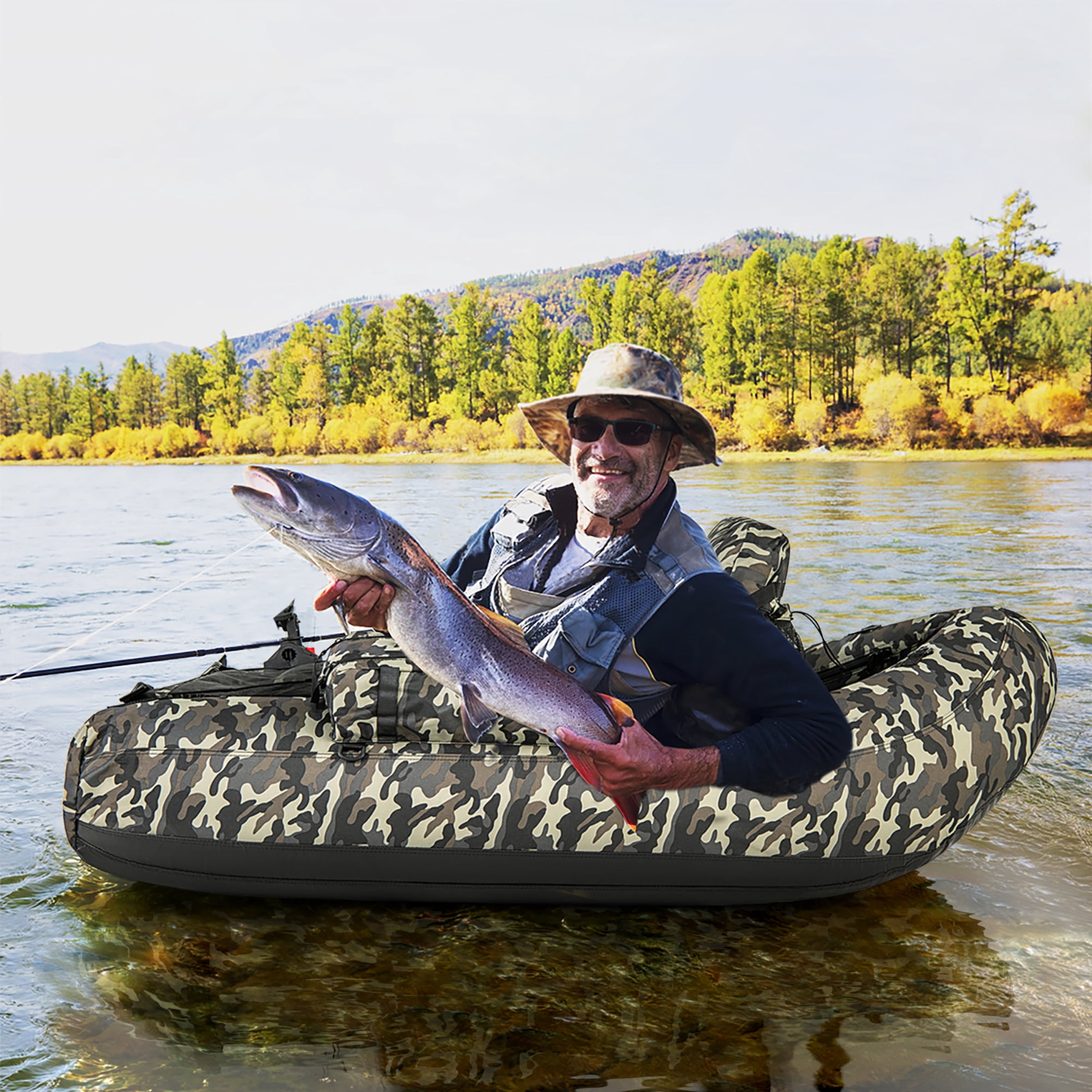 Gymax Inflatable Float Tube w/ Fish Ruler Rod Holder Storage Pockets Flippers Paddle