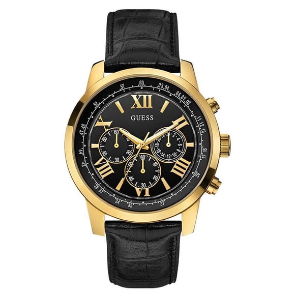 Guess Men's HORIZON 42mm Black Leather Band Steel Case Quartz Analog Watch W0380G7