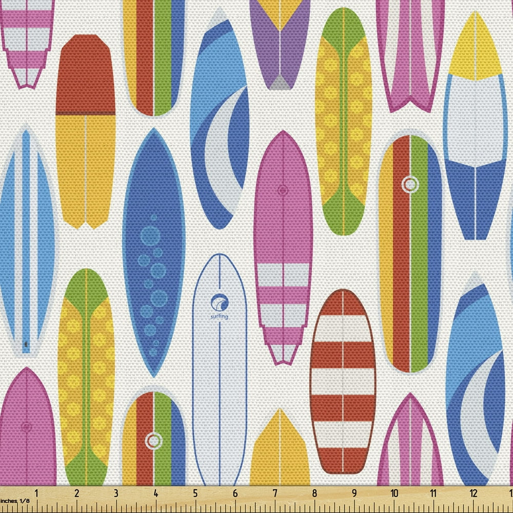Surfing Fabric by the Yard, Repeating Summer Beach and Ocean Fun Item