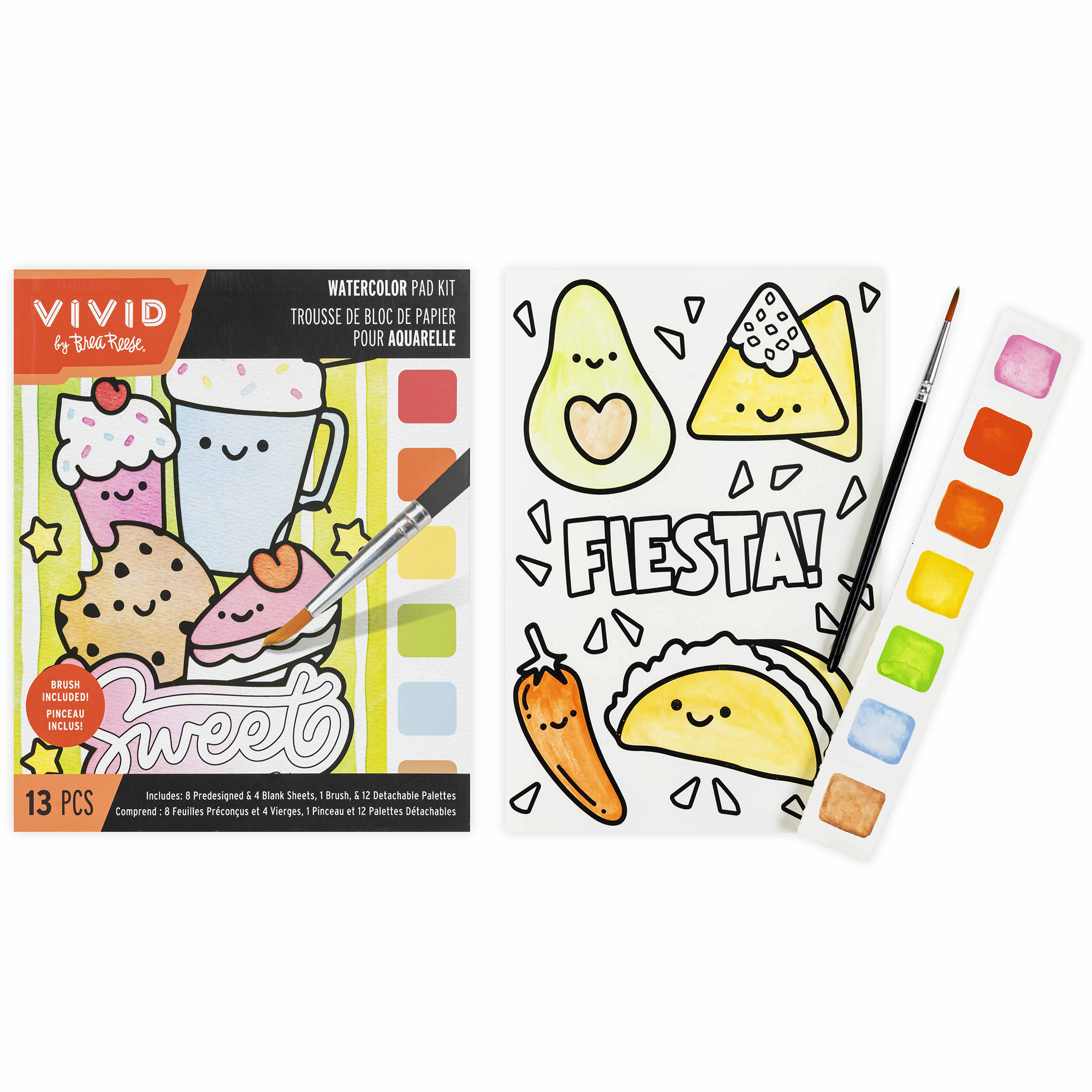 Vivid by Brea Reese: Watercolor Pad Kit - Kawaii Food - 8 Playful Food & Dessert Designs, 4 Blank Sheets, 12 Detachable Paint Palettes, Brush, DIY Art