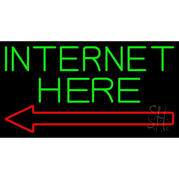 Green Internet Here With Arrow LED Neon Sign 13 x 24 - inches, Clear Edge Cut Acrylic Backing, with Dimmer - Bright and Premium built indoor LED Neon Sign for Computer & Electronics store decor.