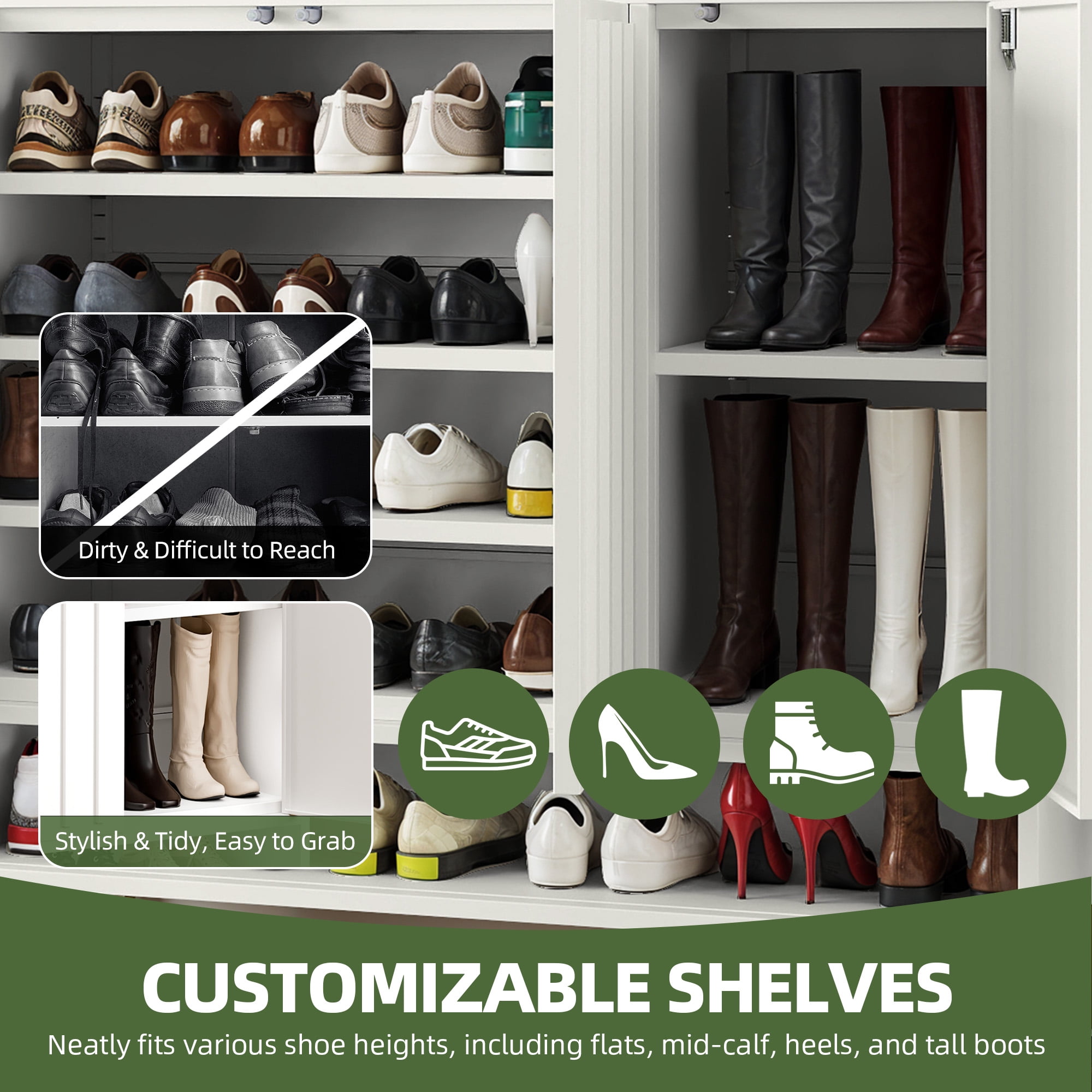 Uforic Shoe Cabinet with Doors & Adjustable Shelves, Metal Shoe Rack Organizer, White