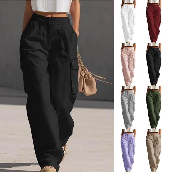 Elvqul Cargo Pants for Women with Multi Pockets, High Waisted Straight Leg Pants Elastic Waist Button Zip Quick Dry Casual Baggy Relaxed Fit Athletic Pants for Hiking Climbing